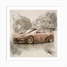 Porsche 911 A captivating and dreamy watercolor illustration featuring acut car anthropomorphic , created in the vintage, hyper-realistic and expressive style of Studio Ghibli anime. The illustration is presented in a loose, elegant and neutral color palette, with light and glossy finishes. The character is depicted in side view, displaying intricate details and expressive features. This art is reminiscent of the styles of Hajime Sorayama, Damien Hirst, Quentin Blake, Alberto Vargas, and Zdzislaw Beksiński. The overall atmosphere of the piece is dark fantasy with a touch of whimsy and creative feelings., illustration, dark fantasy, anime, drawing Model Art Print