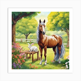 Horse And Rabbit In The Garden Art Print