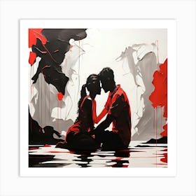 Silhouette Couple Kissing In Water abstract art sumi-e Poster