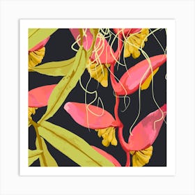 Heliconia On Blue Square Art Print