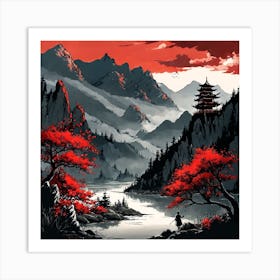 Chinese Landscape Mountains Ink Painting (83) Art Print