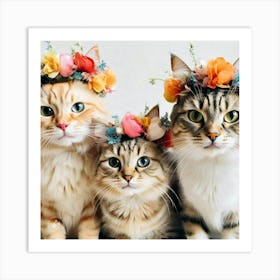 Three Cats Wearing Flower Wreath Crowns 1 Art Print