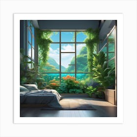 Anime Bedroom Full Of Plants With Giant Window Looking Out Underwater 2 Art Print