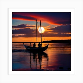 A boat at sunset Art Print