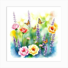 Watercolor Roses And Butterflies Art Print