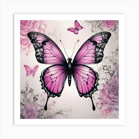 Pink Butterfly With Roses Art Print