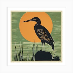 Retro Bird Lithograph Green Heron 2 Art Print