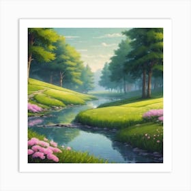 Pink Flowers In A Stream Art Print