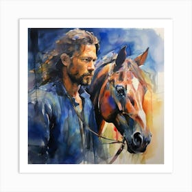 Watercolour Of A Man And Horse Art Print