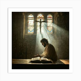 A Devoted Individual In Quiet Contemplation Clasping A Worn Holy Bible Tightly With An Air Of Sole Art Print