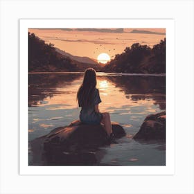 Girl Sitting On Rocks At Sunset Art Print