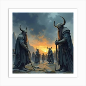 Watercolor Scene Of Orcs Assembling Under A Darkening Sky Art Print