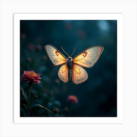 A Fantastical Moth With Wings Made Of Delicate, Glowing Lace Fluttering In A Twilight Garden Art Print