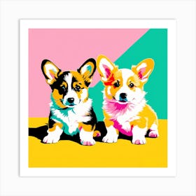 'Corgi Pups', This Contemporary art brings POP Art and Flat Vector Art Together, Colorful Art, Animal Art, Home Decor, Kids Room Decor, Puppy Bank - 70th Art Print