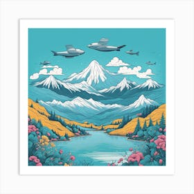 Airplanes Flying Over Mountains Art Print