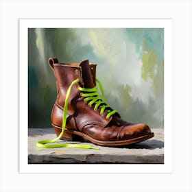 An Impressionist Painting Of An Old Boot With Brand Neon Green Laces 1 Art Print