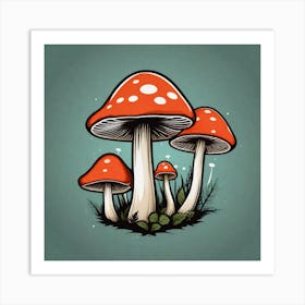 Three Mushrooms On A Green Background Art Print