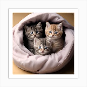 Fluffy Kittens Napping in a Cozy Blanket Nest Art Print