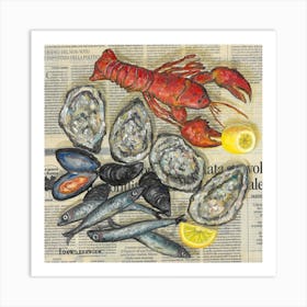 Seafood Lobsters Oysters Anchovies Fish Food Mussels Lemon On Newspaper Art Print