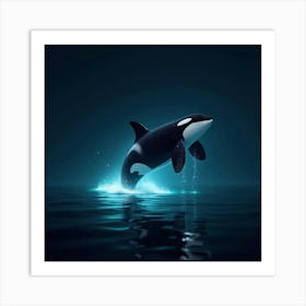 An Orca With Bioluminescent Markings, Breaching Through Glowing Waters At Night Art Print