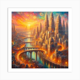 Cityscape At Sunset Art Print