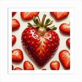 A Strawberry Shaped Like A Heart Is Surrounded By Strawberry Slices On A White Background Art Print