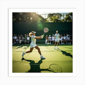 Tennis Match Underway Sunlight Casting Dynamic Shadows On The Green Court Players Poised Mid Swing 2 Art Print