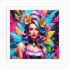 Colorful Girl With Flowers Art Print