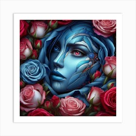 Blue Face With Roses Art Print