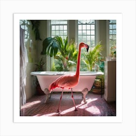 Flamingo In Bathroom Elegantly Standing Art Print