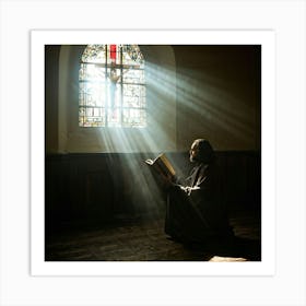 A Devoted Individual In Quiet Contemplation Clasping A Worn Holy Bible Tightly With An Air Of Sole (6) Art Print