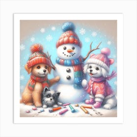 Snowman With Dogs 1 Art Print