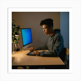 A Photo Of A Person Sitting At A Desk With A Compu (2) Art Print
