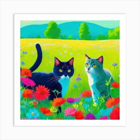 Two Cats In A Flower Field Art Print