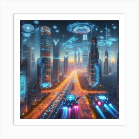 A futuristic cityscape with flying cars1 Art Print