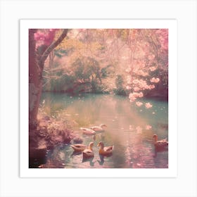 Pink Ducks In A Pond Art Print