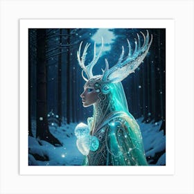 Firefly Firefly, Robotic, Whimsical, Teal, Deer, Ceramic, Metal, Robot, Body, Features, Ice, Forest, (1) Art Print