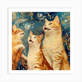 Three Cats Starry Night Art Print