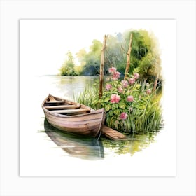 Watercolor Boat On The Lake Art Print