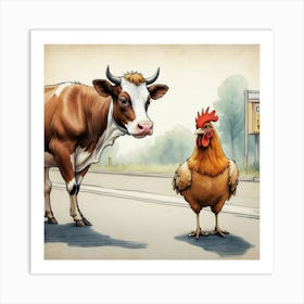 Cow And A Chicken Art Print