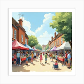 A Lively English Street Fair With Games, Food, And Families Having Fun, Watercolor 1 Art Print