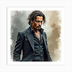 Johnny Depp In Dramatic Watercolor, Intense Brushstrokes, Moody Backdrop Art Print