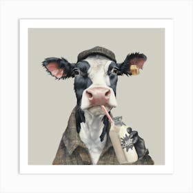 Watercolour Dairy Cow Drinking Milk Art Print