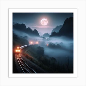 Train In The Mountains At Night Art Print