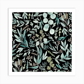 Eucalyptus Leaves Botanical Pattern - Black Art Print