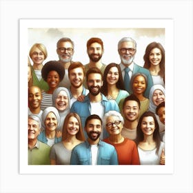A diverse group of people of all ages, races, and ethnicities are gathered together and smiling. The background is a light blue sky with white clouds. The people are all wearing casual clothes and are standing close to each other. The image is warm and inviting and conveys a sense of community and togetherness. It is a beautiful and powerful statement of the diversity and beauty of the human race. Art Print
