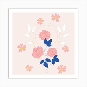 Pink Flowers And Geometrics Square Art Print