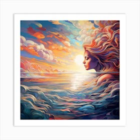 Sunset Woman In The Ocean Art Print