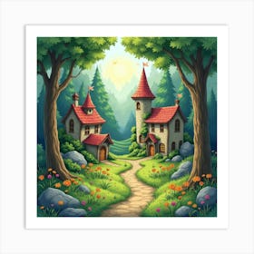 Fairy Village Hidden In An Enchanted Forest, Watercolor 1 Art Print