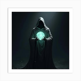 A Shadowy Figure Holding A Glowing Crystal Orb In The Dark 1 Art Print